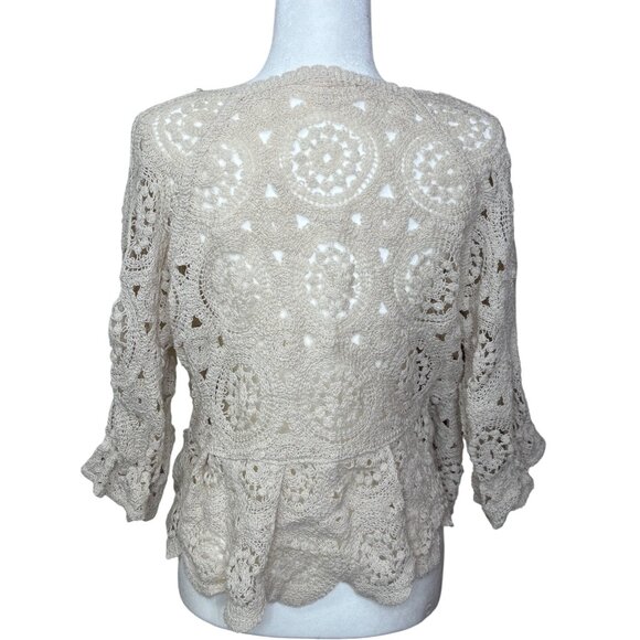 Cream Crochet Peplum Sweater Top Feminine Romantic XL-L See Through Cottage Core - Picture 8 of 11